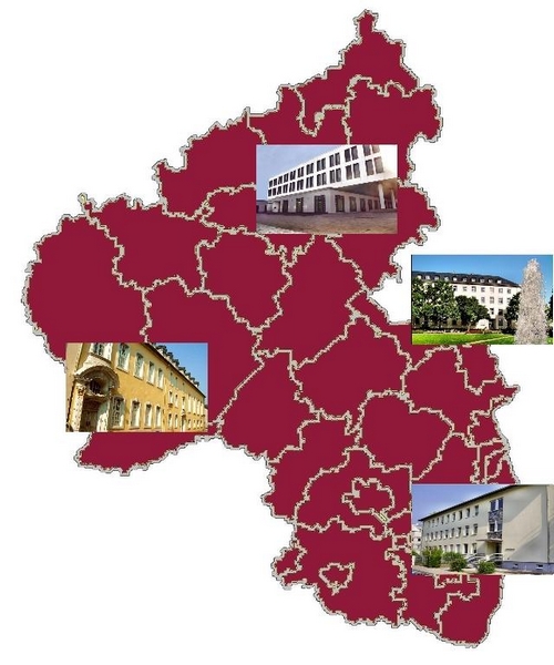 Karte von Rheinland-Pfalz mit Bildern der Sozialgerichte an ihren jeweiligen Standorten